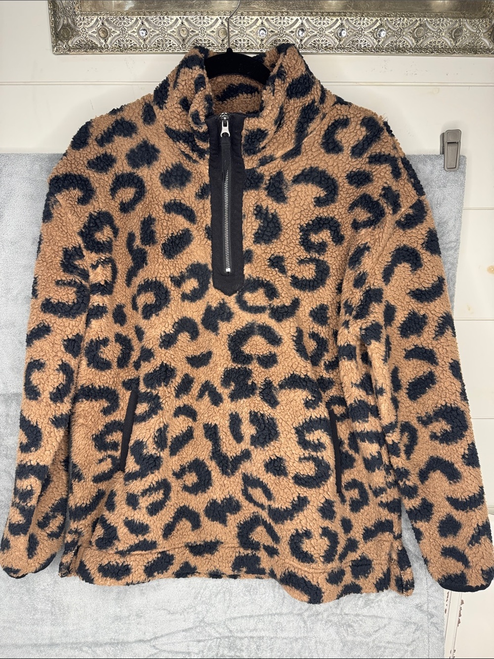 Maurices Leopard Print Sherpa Half-Zip Pullover - Tan & Black